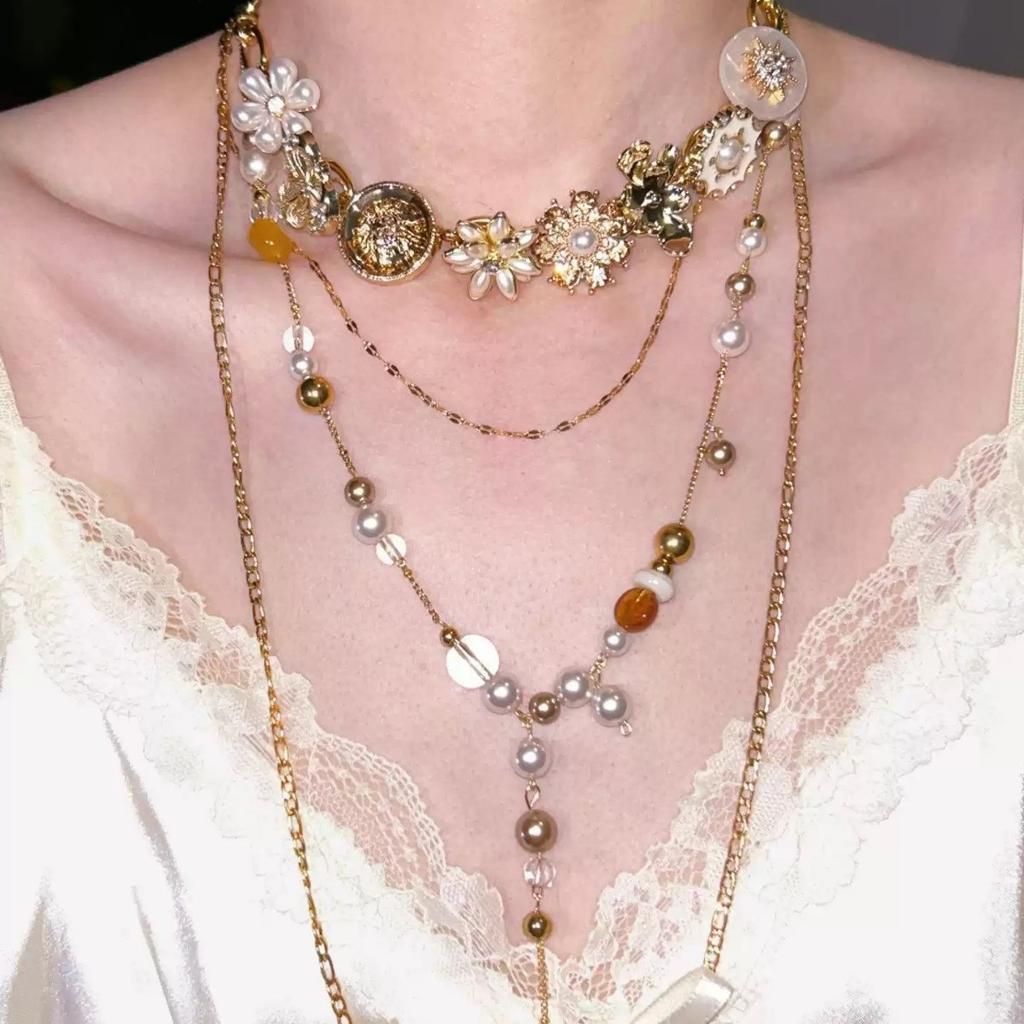 European and American retro pearl multi-layer splicing flower necklace women's ancient style niche exaggerated high-end neck chain collarbone chain