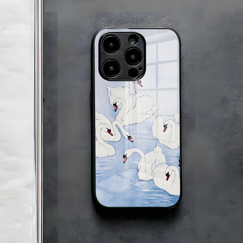 White Swan Illustration Phone Case For IPhone 17 Air 16 E Pro Max 15 14 13 Mini 12 Pro 11 Max Plus Black Glass Cover