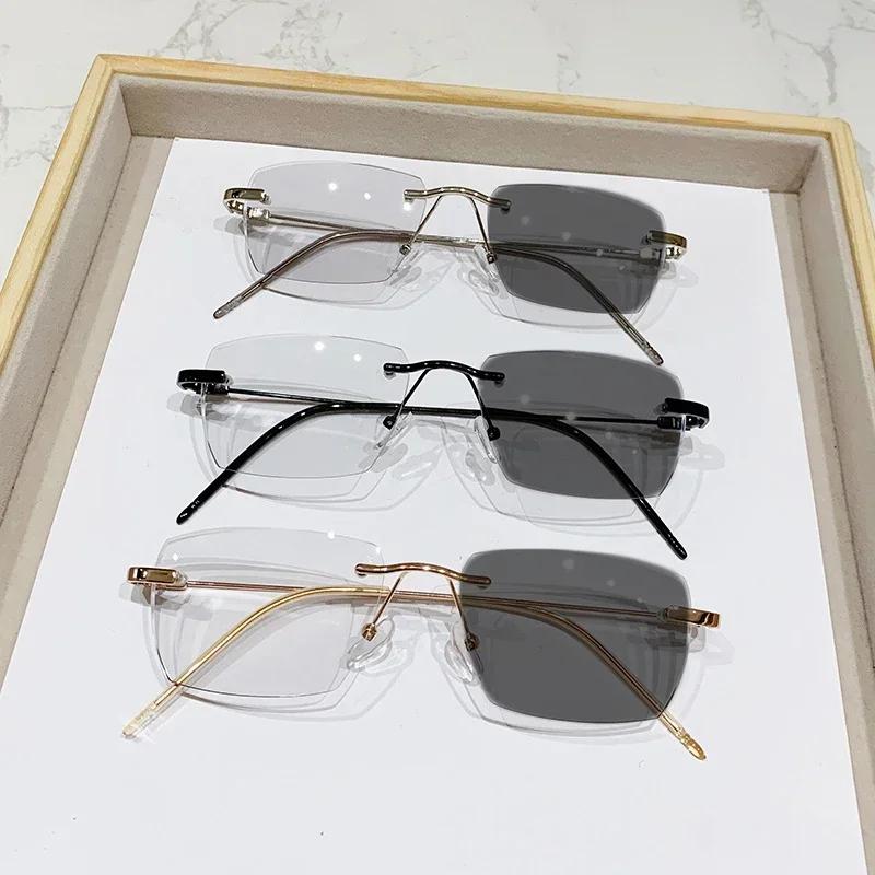 Men Women Rimless Pochromic Glasses Fashion Square Anti-blue Myopia Eyewear New Trend Ladies Color Changing Eyeglasses