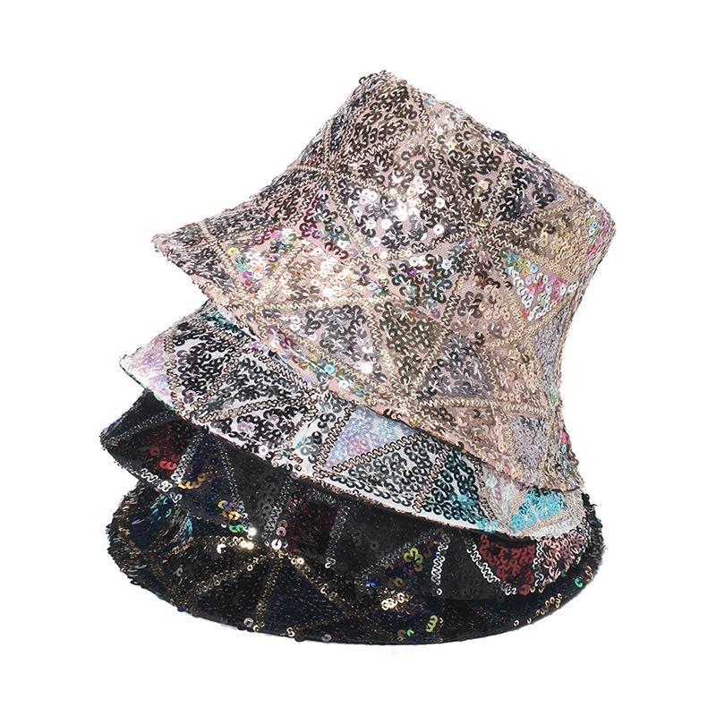 Women Bucket Hat Fishing Cap Sequin Hip-hop Festival Glitter Bling Wide Brim
