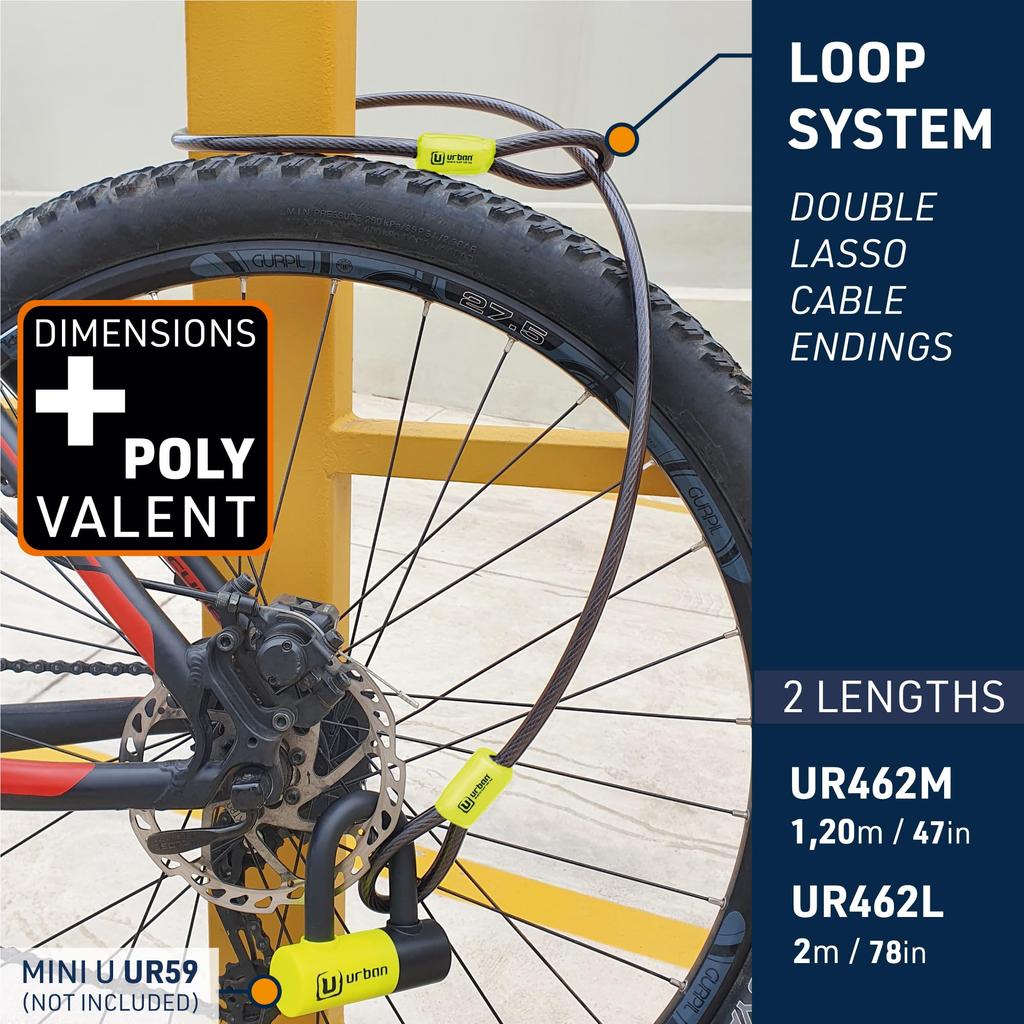 Urban UR462L URBAN UR462L Universal Flexible Steel Security Cable for Bike or Scooter 10mm Double Loop to Secure Multifunctional Bicycle Saddle Wheel