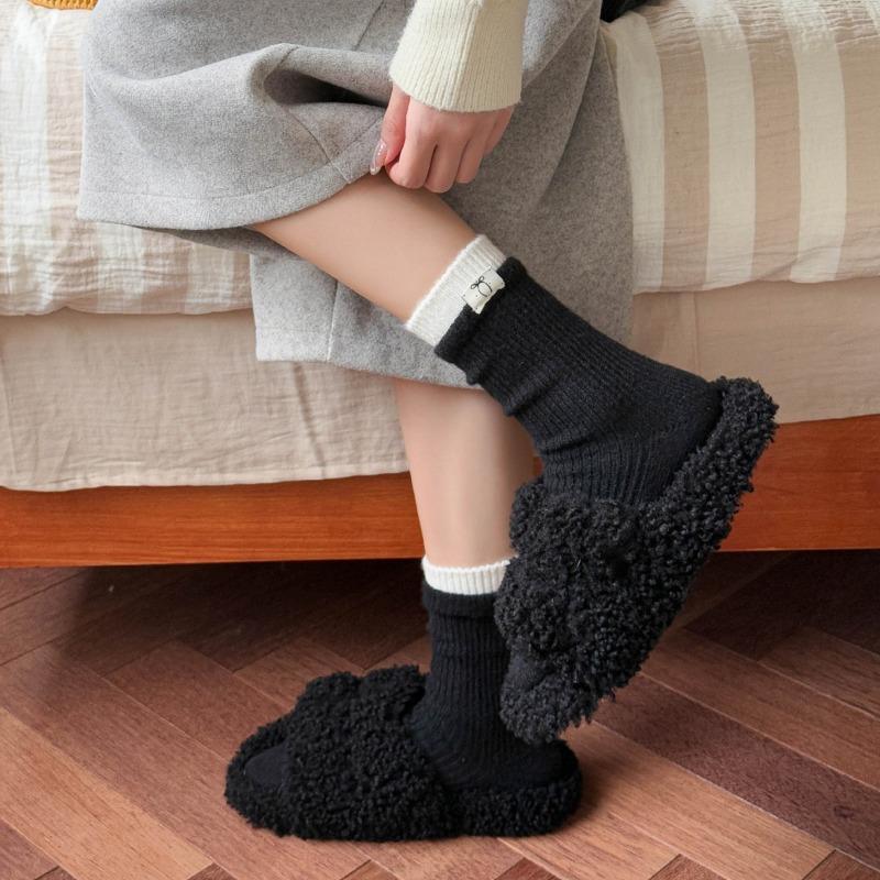 2 Pairs of Wool Socks - Children's Autumn-winter Thick and Warm Color-matched Double-cuffed Fabric Logo Bow Knee-length Socks Trendy Wool Long Socks