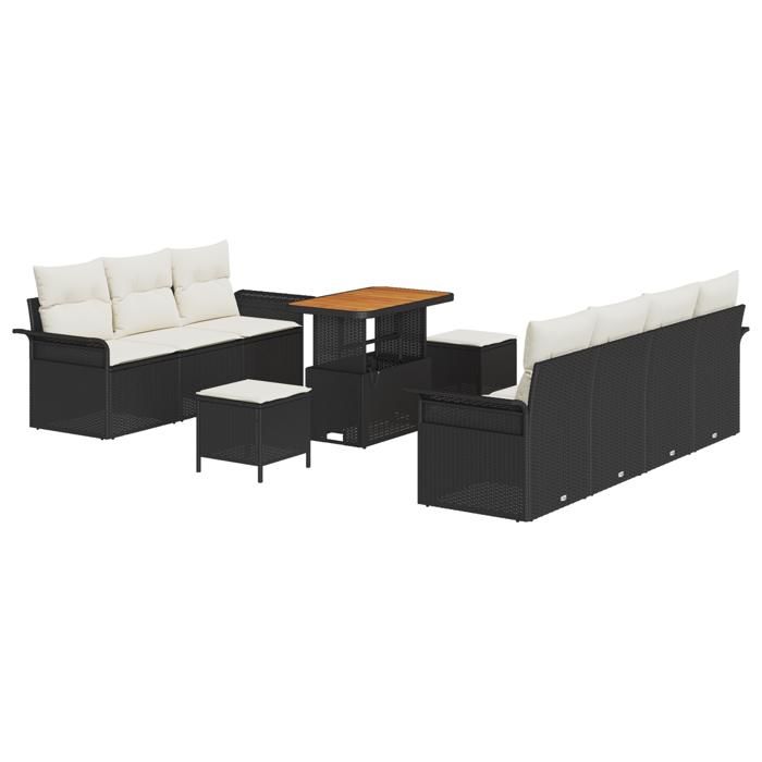 Ensemble de Canapé de Jardin vidaXL 10 Pièces Avec Coussins Noir Rattan Poly Acacia 3364050