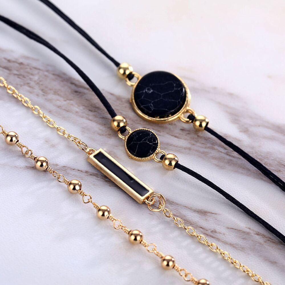 Boho Round Marble Charm Bracelet Set For Women Geometric Black String Rope Chain Bangle Female Bohemian Jewelry Gift