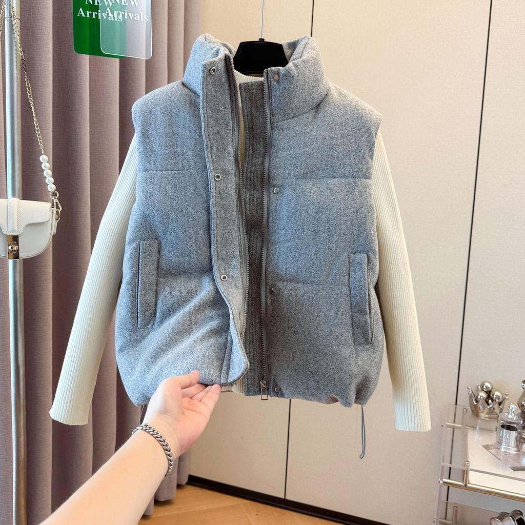 Grey Woolen Down-Filled Vest for Women Autumn Winter Slim Fit Thickened Fashionable Outer Wear Base Layer