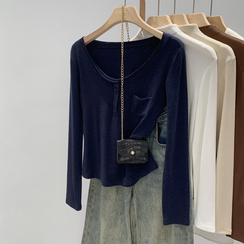 

Women s Pink Korean Style Henley Neck Base Layer T-shirt for Autumn/Winter 2025 Medium (M) темно-синього кольору