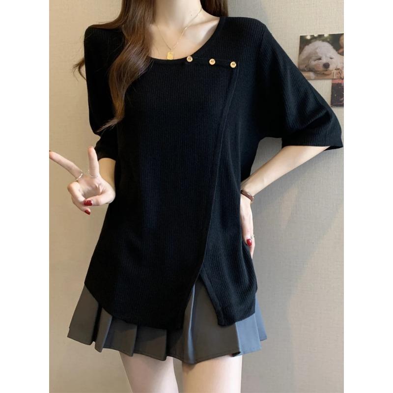 Women s Cream Ribbed Knit Oblique Button Split Hem Half Sleeve Casual Blouse M чёрный