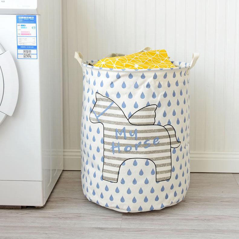 Nordic Cartoon Horse Cotton Linen Laundry Basket - Large Folding, Waterproof Storage for Clothes and Toys