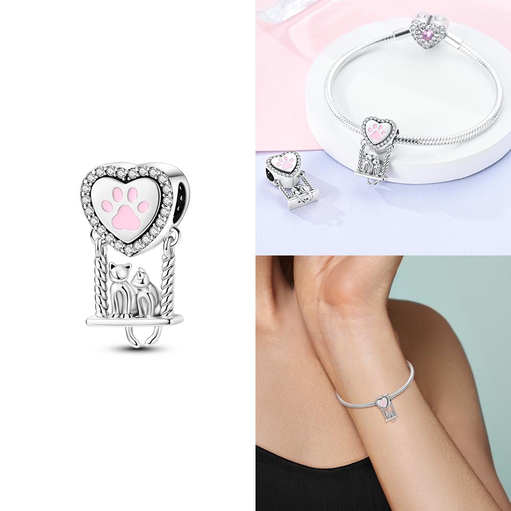 Classic Charms Original Copper Yellow Heart Moon Zircon Cat Beads Fit Bracelet Women Jewelry Diy Fine Gifts Accessories