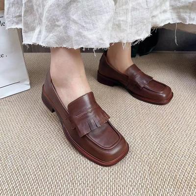 Ekte Lær Damepumps Retro Firkantet Tå Myk Såle Komfortable Grunne Slip-on Lav Hæl Sko
