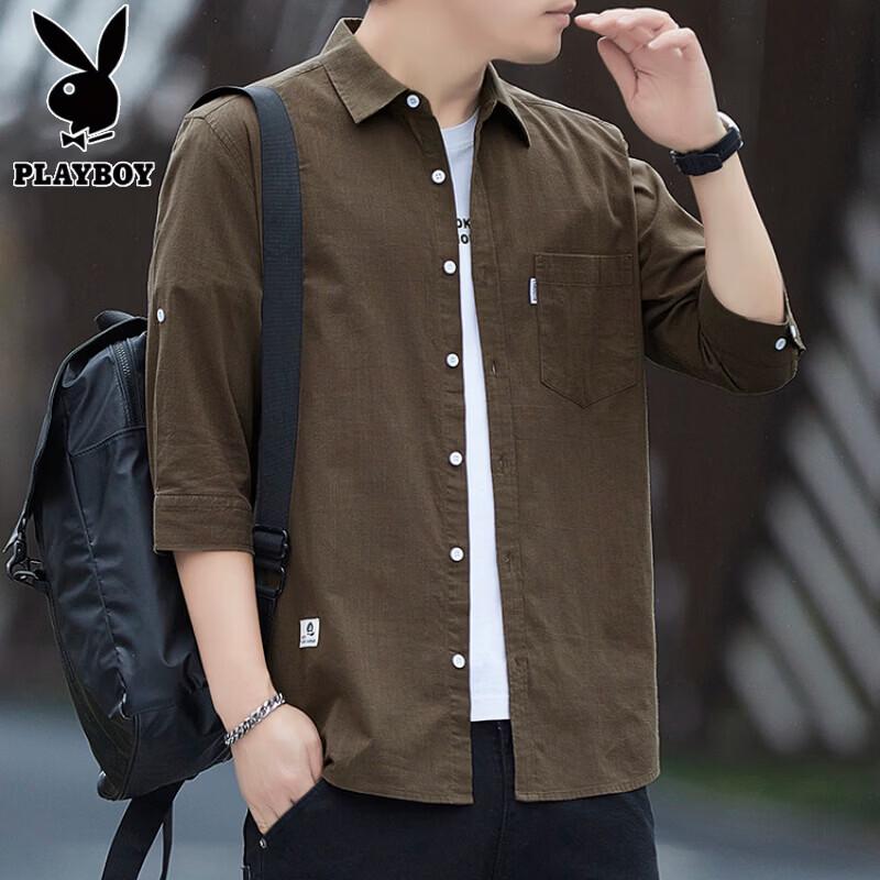 PLAYBOY Men s Pure Cotton 3/4 Sleeve Loose Fit Shirt L