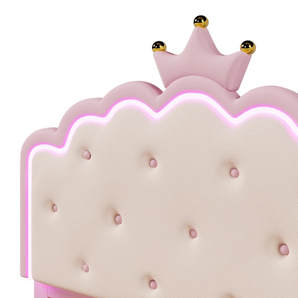 Barnsäng Flieks, Vadderad säng 140x200 cm för flickor Kron-dubbelsäng med LED-remsor, Hydrauliskt förvaringsutrymme, Utskjutbar säng och 2 lådor, Rosa