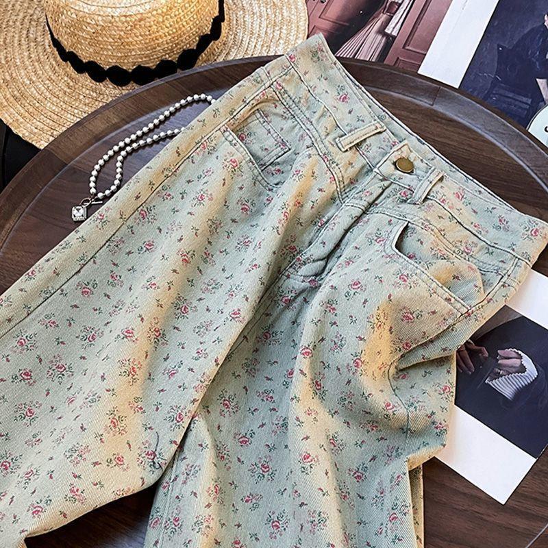 Blugi Retro Imprimați cu Croială Dreaptă Pentru Femei Design Modern Talie Înaltă Largi Casual Pantaloni cu Picior Larg Trendy