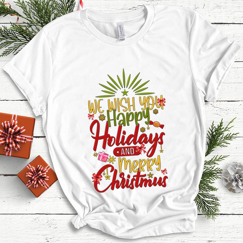 Baumwolle Damen Oberteil Weihnachten Kokette Schleife Bedruckt High Street Trendy Mode Pullover T-Shirts Damen