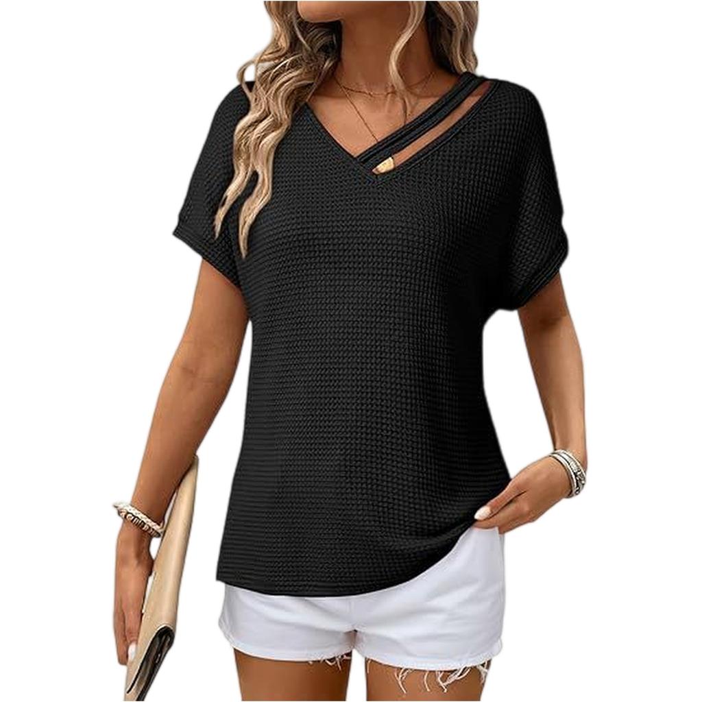 Women's Asymmetrical Short Sleeved Collar Shirt Top