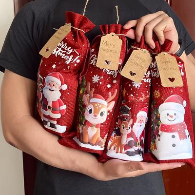 4/8 pz Sacchetti per Bottiglie di Vino di Natale con Coulisse Juta Tessuto Riutilizzabile Sacchetti Regalo con Etichette Vuote e Corda Adatti Natale
