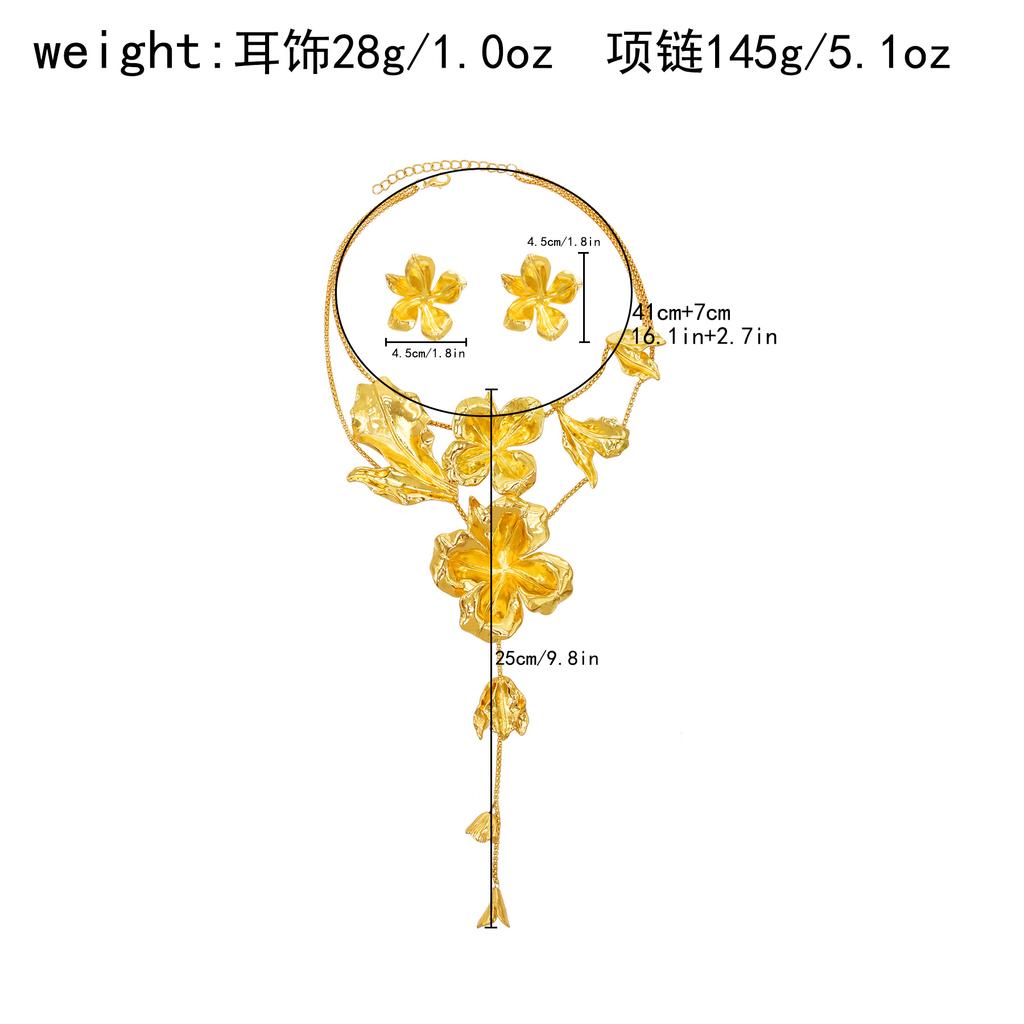 Gold Plated Alloy Carved Flower Necklace Earrings For Women Y-Shape Floral Pendant Jewelry Set Trendy Party Wedding Accessory