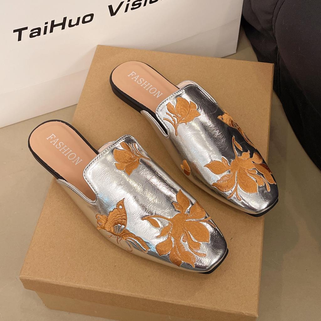 Mode Damen Hausschuhe Flache Sandalen Quadratische Zehen Loafer Schuhe Frau Pantoletten 2025 Trend Sommer Weiches Leder Flach Weiche Sohle Sandalen