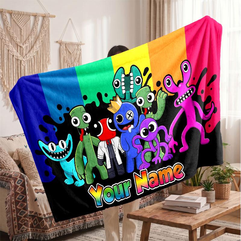 Rainbow Friends Personalized Flannel Blanket, Custom Printed Text Name, Warm Soft Blanket For Couch Bed