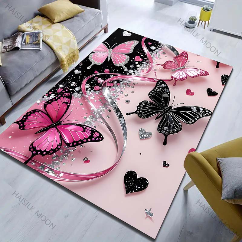 Diverse dimensioni Farfalle colorate e cuori Tappeto per Soggiorno Camera da letto Divano Decorazione per la casa Rus Tappetino Antiscivolo per Pavimento