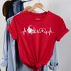 Maycaur Women T Shirt Fashion Dog Heartbeat Print T-shirt Funny 90s Print T Tee Womens Tshirt for Female Red Shirt Clothes Tops