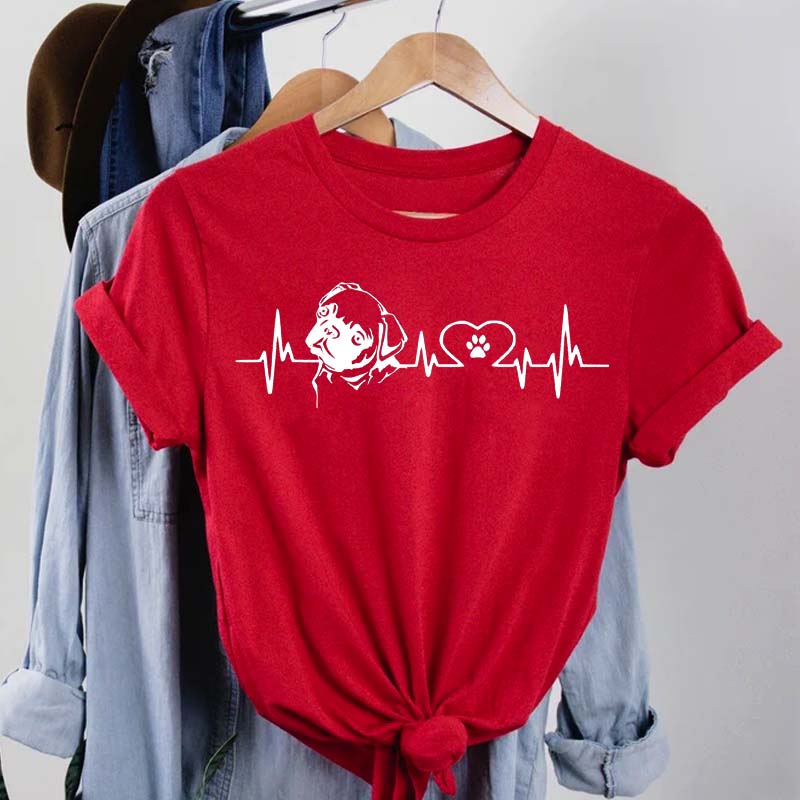 Maycaur Women T Shirt Fashion Dog Heartbeat Print T-shirt Funny 90s Print T Tee Womens Tshirt for Female Red Shirt Clothes Tops