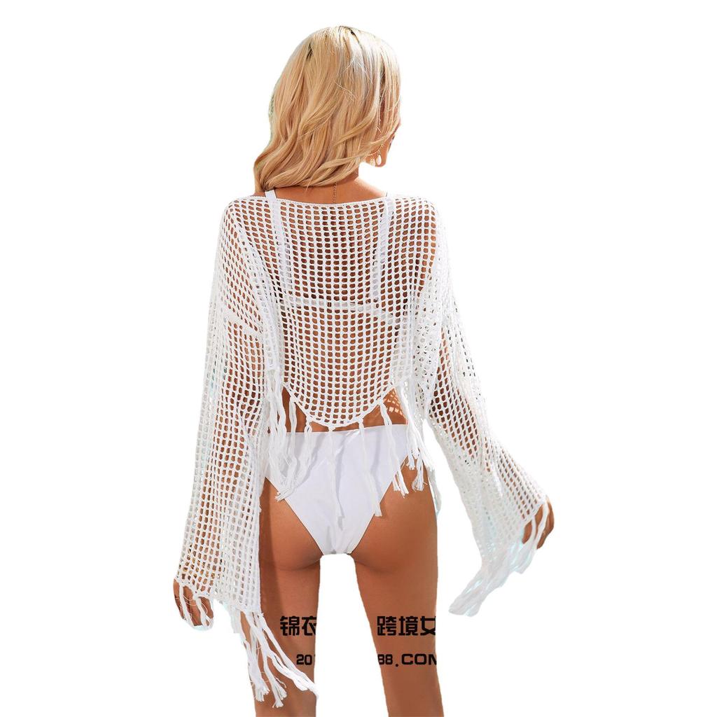 Summer Women's Plus Size Cover-Ups Fringe Irregular Bikini Beach Shirt Hollow Out Knit Sunscreen Cover Up