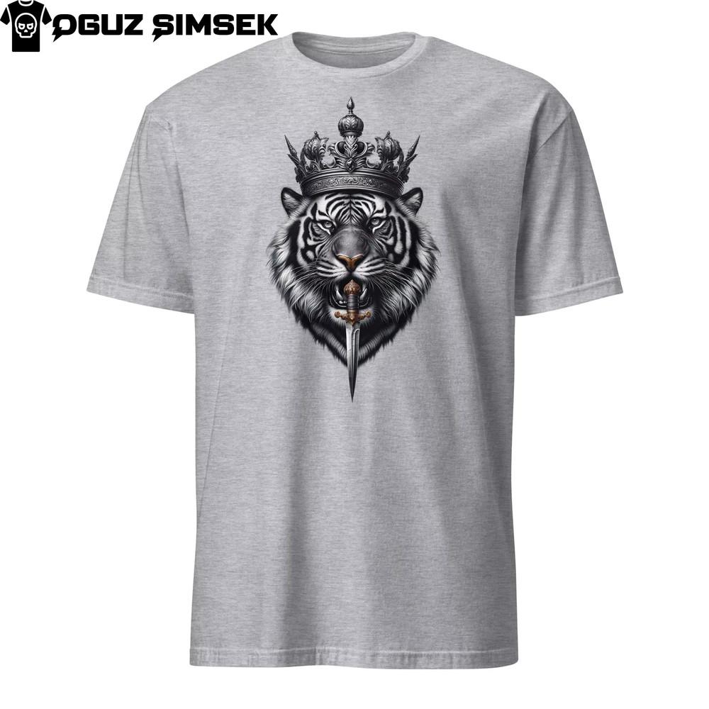

Tiger with Crown Holding Dagger T-Shirt Unisex Unique Graphic Tee 4XL