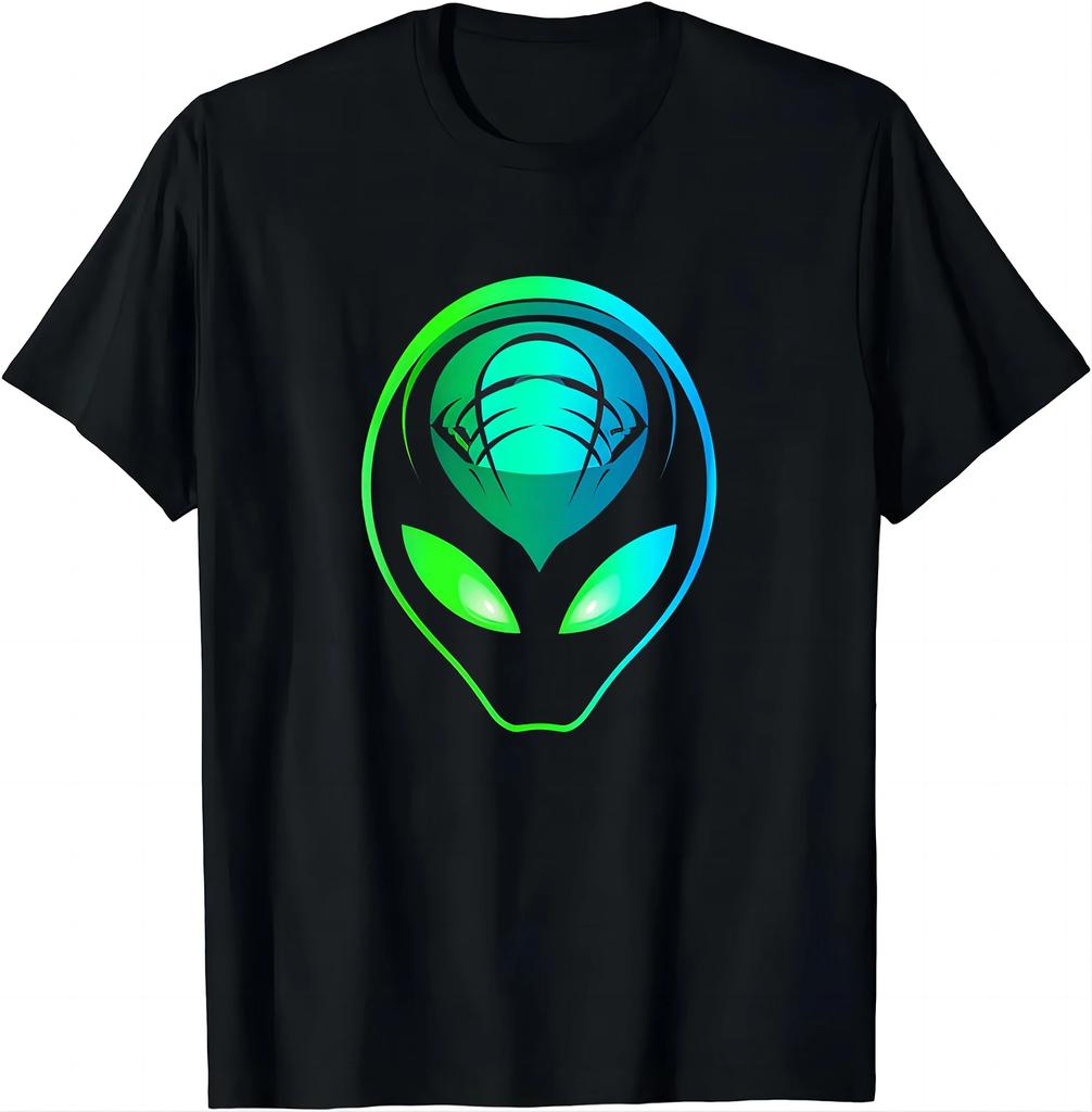 Mystic Alien Face Print On Black Tee Futuristic Style T Shirt Graphic T Shirts Men Clothing Tops Camisetas Streetwear