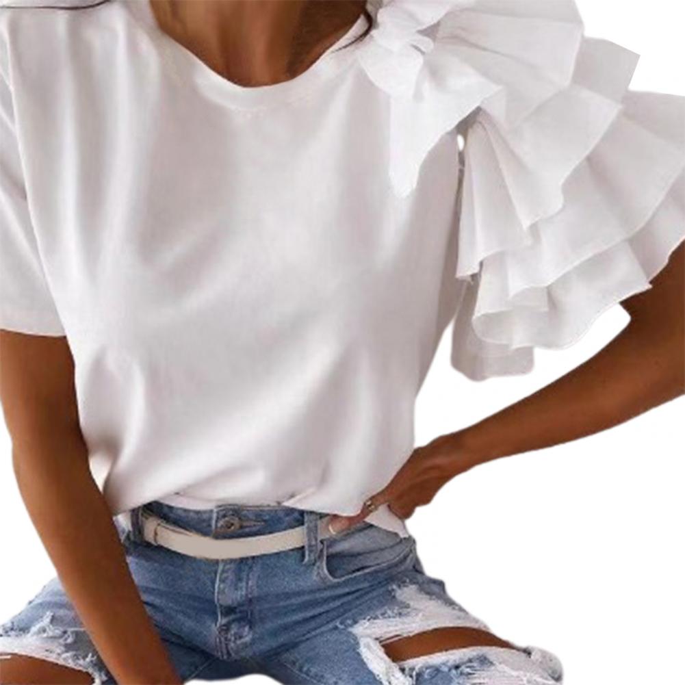 

Повседневная женская футболка с круглым вырезом, антипиллинговая, эластичная, дышащая, женская, многослойная, с оборками, с коротким рукавом, женская рубашка, блузка, уличная одежда 2XL белый