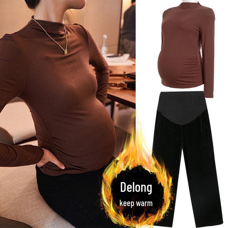 

Комплект топов для беременных на весну и осень и велюровых брюк: Теплая футболка с полувысоким воротником для многослойной носки L