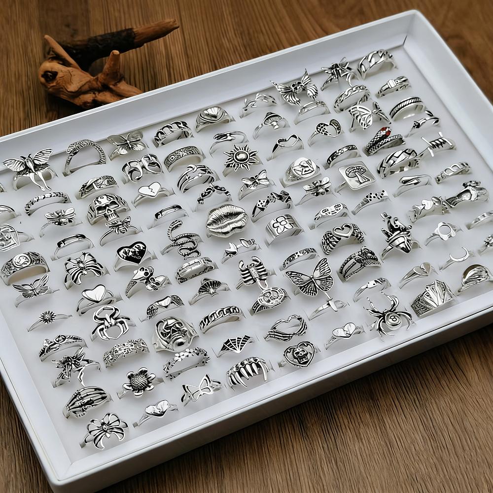10/20/30/50Pieces Retro Punk Skull Butterfly Rings Set For Women Men Mix Style Gothic Vintage Heart Snake Jewelry Party Gifts