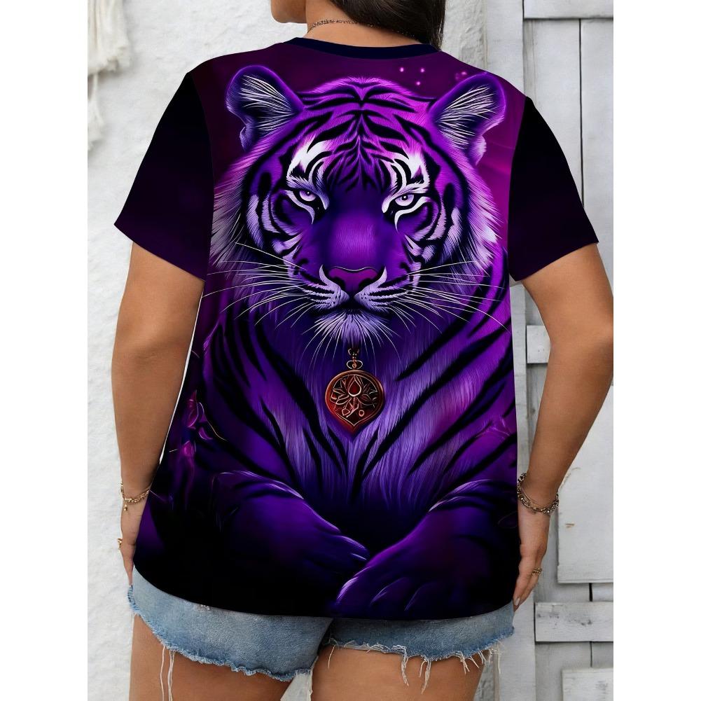 Plus Size Casual Crew Neck Short Sleeve Tiger Horse Animal Print T-Shirt - Soft Stretch Polyester Fabric Spring and Summer Womens Relaxed Fit Clothing