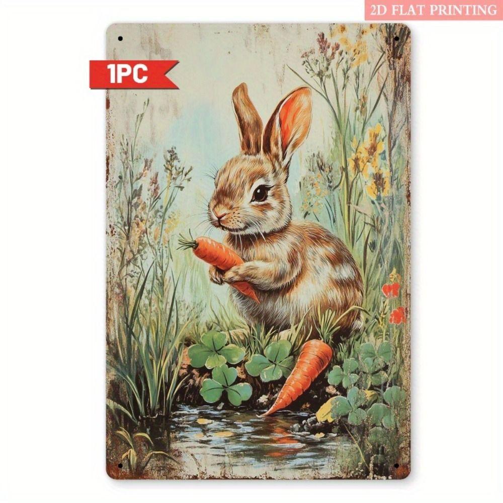 Tin Sign Retro Easter Rabbit Floral Wall Art Home Holiday Decor Metal Poster