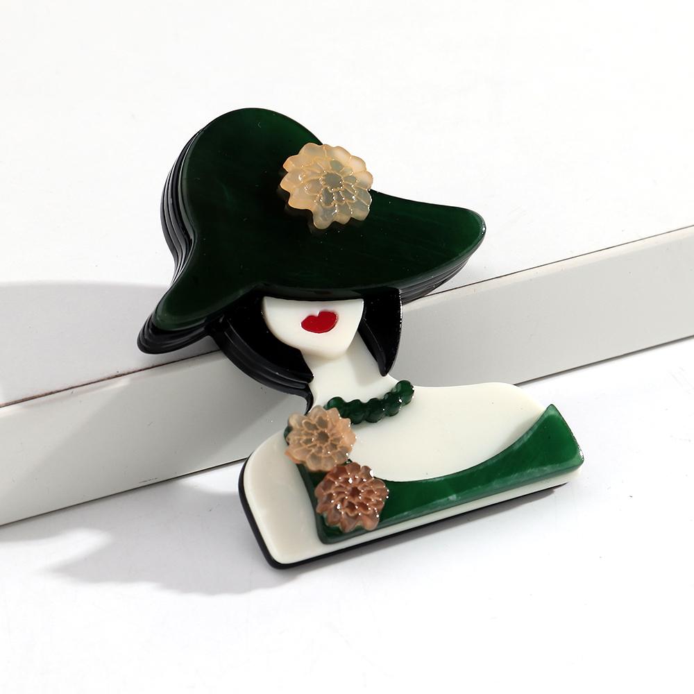 Acrylic Graceful Flower-Hat Lady Figure Brooches for Women Trendy 6-Color Resin Girl Badge Pins Jewelry Clothes Accessories Gift