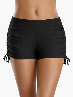 Women's Solid Color Flat-Leg Swim Trunks with Side Drawstrings