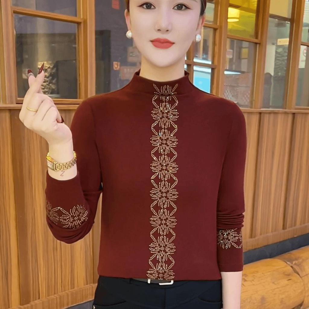 Autumn and Winter New Fashion Semi-turtleneck Solid Color Hot Diamond Bottoming Shirt Large Size Belly Cover Foreign Gas Shirt