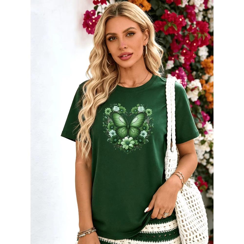 Damen Glitzerndes Strass Schmetterling T-Shirt Blau Grün Glitzer Druck Lässig Rundhals Kurzarm