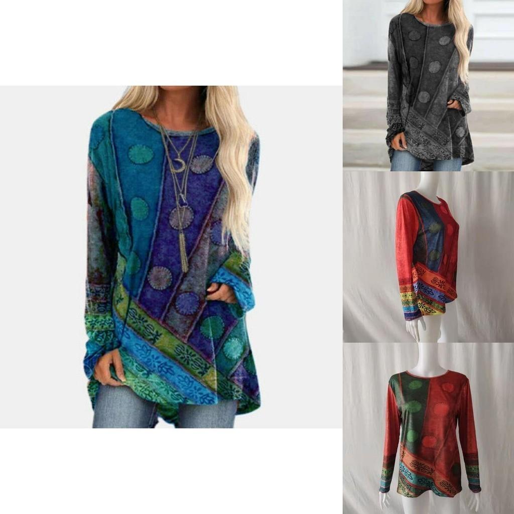 Plus Size Womens Hippie Boho Long Sleeve Tops With Soft Material And Floral Pattern