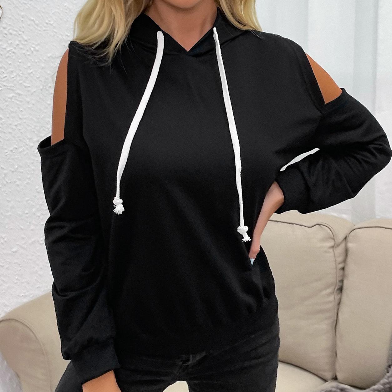 

YYFS женские модные повседневные однотонные толстовки с капюшоном и длинными рукавами с принтом L чёрный