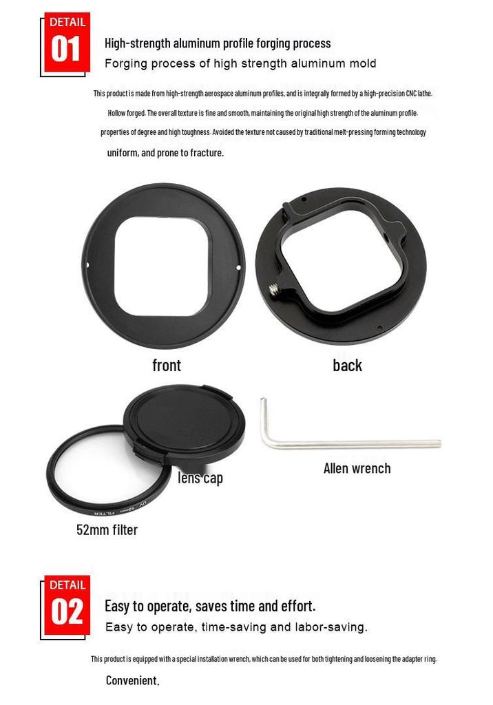 GoPro Hero 12/11/10/9 Diving Filter Adapter Ring - 52mm UV Filter Lens Frame in Aluminum Alloy