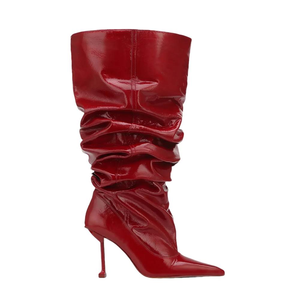 New Wrinkled Patent Leather Pointed High-heeled Stacked Boots with Large Tube Circumference European and American Long Boots