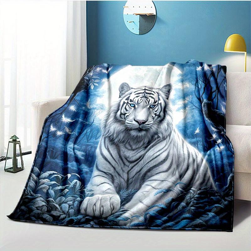 Moonlight Forest Tiger Blanket - Soft Flannel Throw with Majestic White Tiger & Full Moon Design, Cozy All-Season Blanket for So
