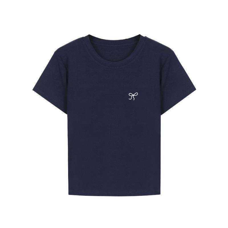 

Women s Summer Bow Embroidery Short Sleeve Slim Fit Top, Sweet & Spicy Style, Round Neck, Regular Shoulder Medium темно-синий