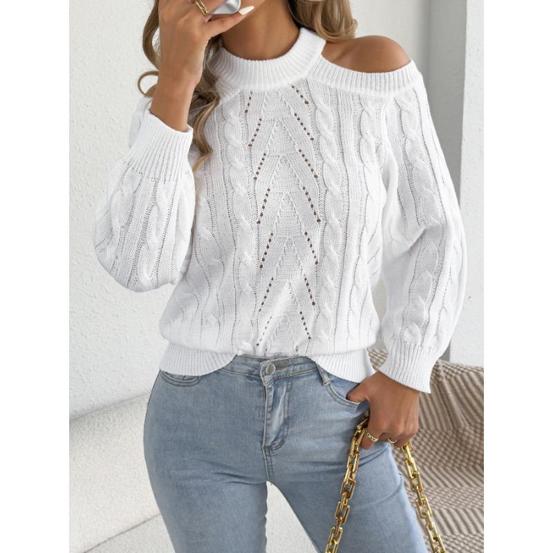 Womens Casual Solid Off Shoulder Long Sleeve Pullover Sweater