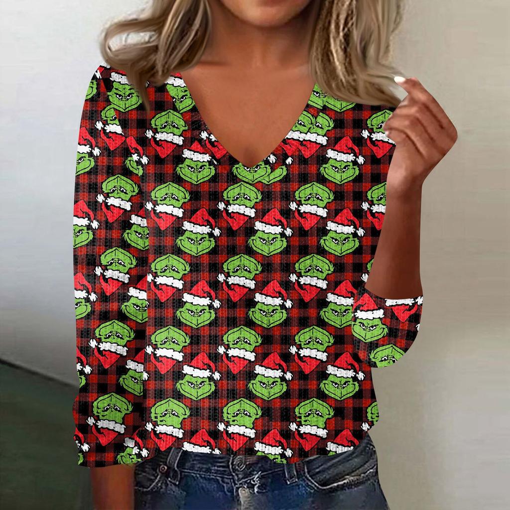 Women's Cute Sweatshirt Knitted Fashion Casual V-neck Long-sleeved  Cozy Print Top