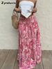 Bohemian Printed High Waist Maxi Dress Summer Vacation Style A-Line Flowy Layered Half Skirt