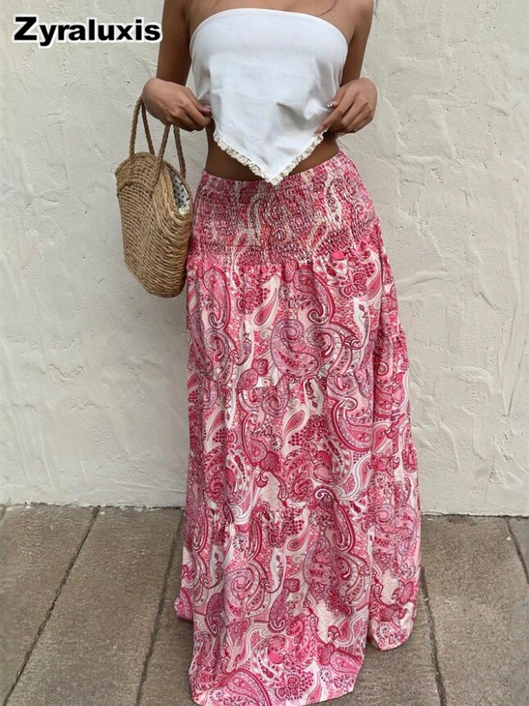 Bohemian Printed High Waist Maxi Dress Summer Vacation Style A-Line Flowy Layered Half Skirt