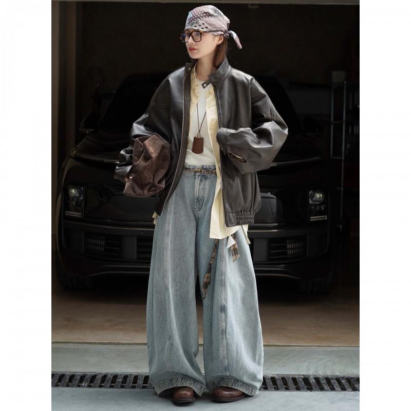 Womens Oversized PU Leather Jacket With Asymmetrical Zip Detail Retro Streetwear Style Fall 2025