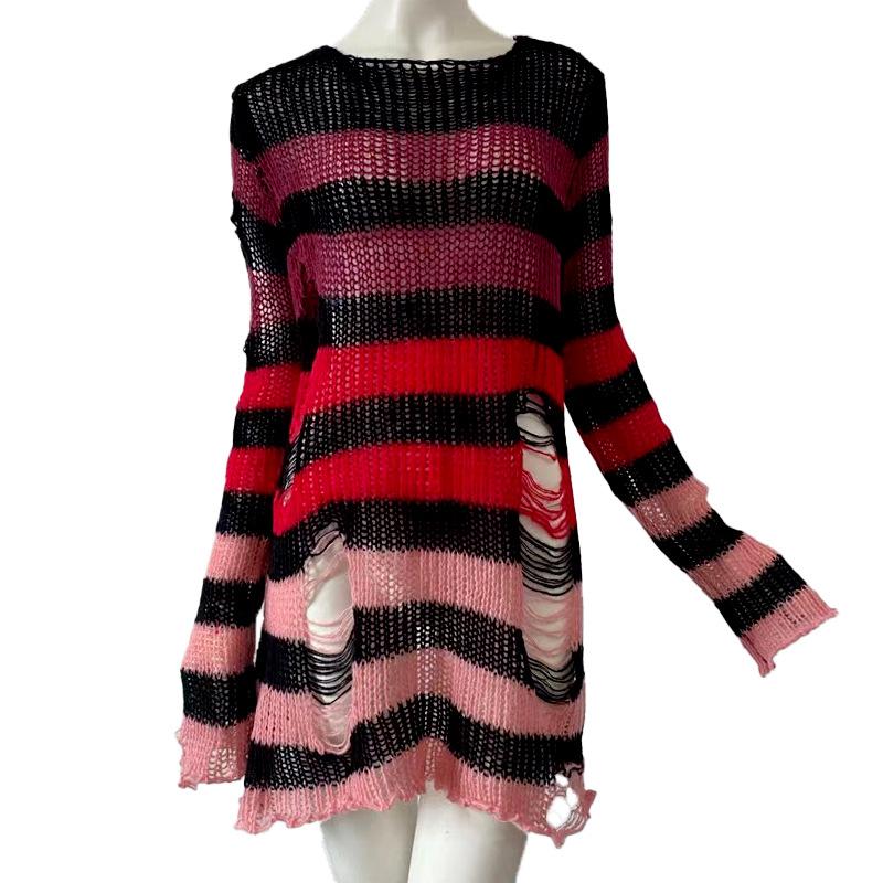 Lochpullover Mittellang Streifenverlauf Locker Punk Strickpullover Dünnes Unregelmäßiges Hohlmuster Gothic-Stil Frühling Herbst One Size black